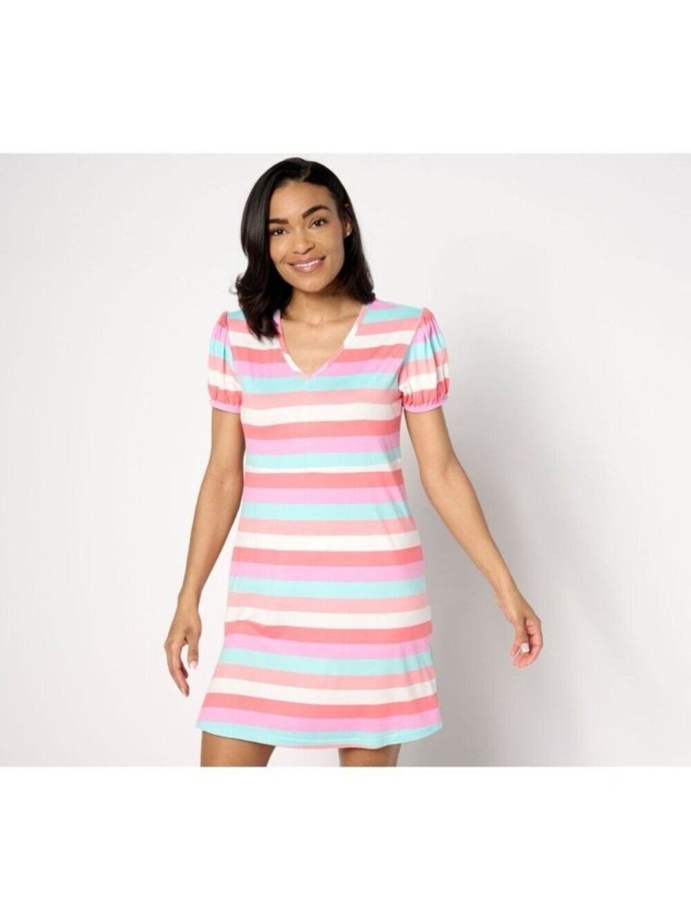 Muk Luks Dress Lounge sz L Short Sleeve Cloud Knit Empire Pink Striped A632310